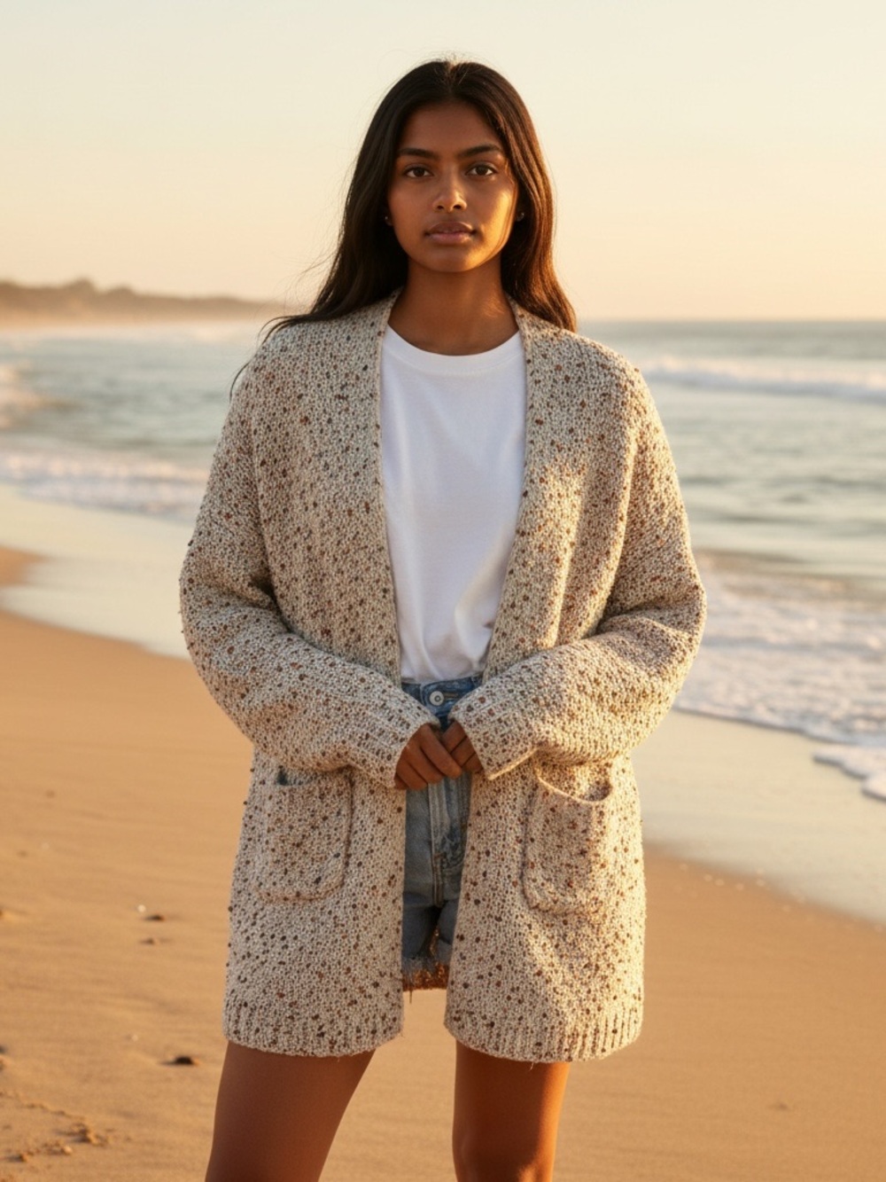 Cozy Speckled Open-Front Cardigan Sweater - Cream - Maurice’s medium